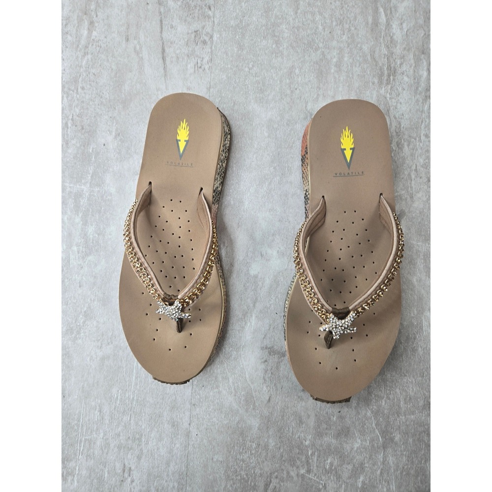 Volatile Rhinestone Starfish Flip Flop Sandal 9 Tan Leather Comfort Summer Beach